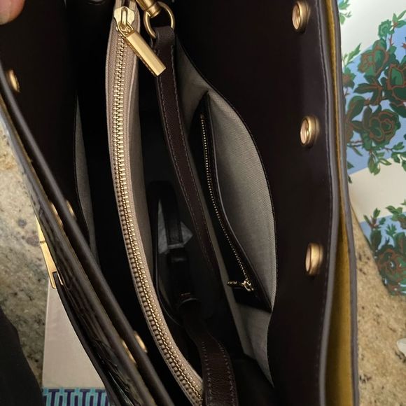 Tory Burch Women's Lee Radziwill Double Bag Handbag Embossed Pumpernickel - Picture 11 of 17